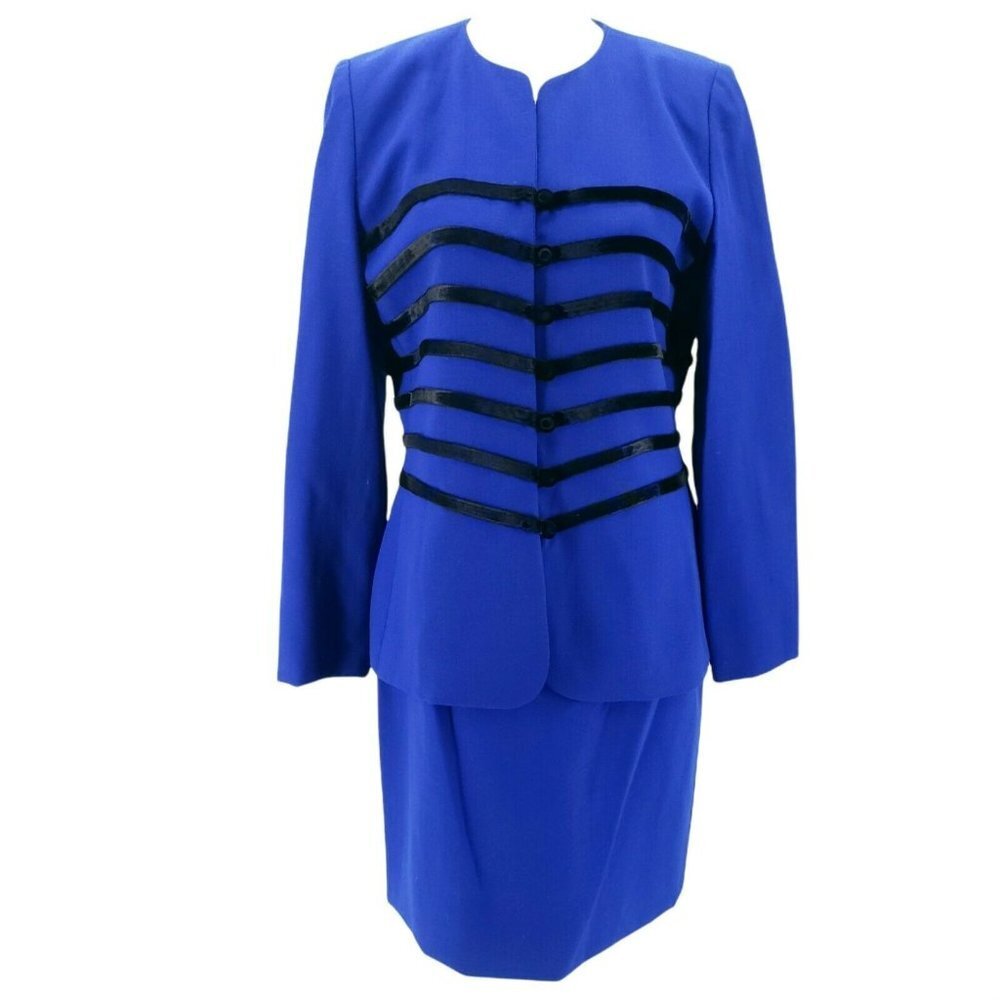 Vintage CAROLINA HERRERA Size 8 Blue Black Wool Skirt Suit 2-Piece Set EUC 90s